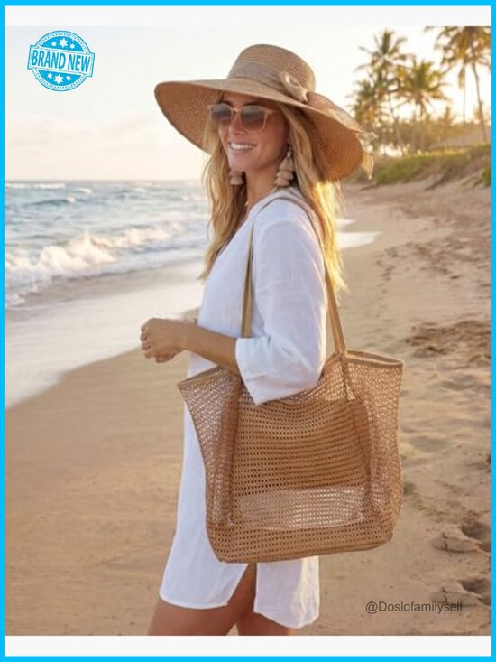 Bohemian Summer Accessories Set Straw Hat Mesh Tote Sunglasses Earrings main image 6